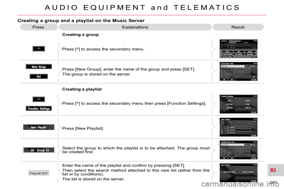 Citroen C CROSSER 2009.5 1.G Owners Manual XI
A U D I O   E Q U I P M E N T   a n d   T E L E M A T I C S
201 
Creating a group and a playlist on the Music Server 
 Explanations  Result 
 Press [^] to access the secondary menu. 
  Creating a g