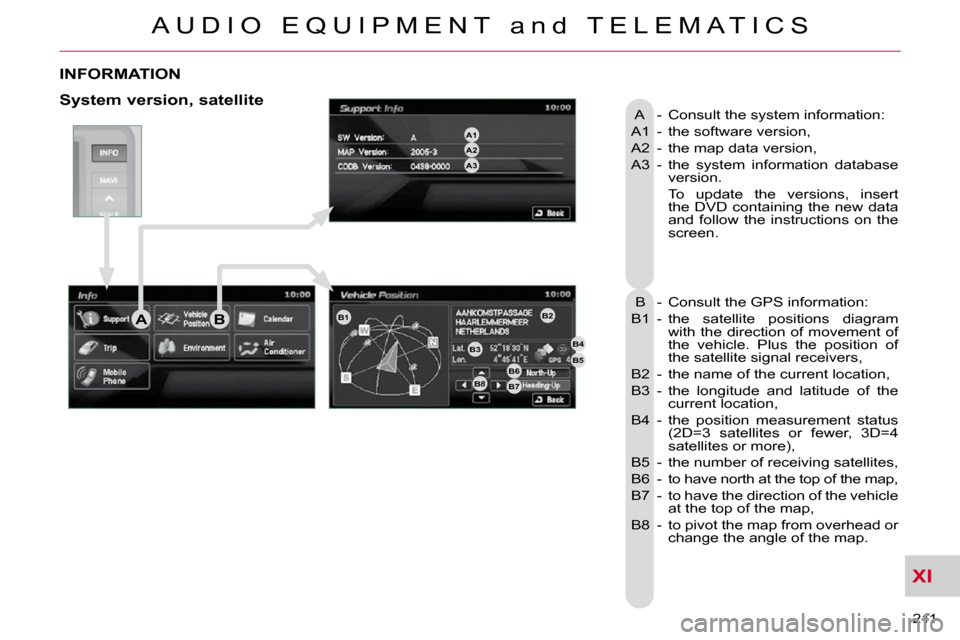 Citroen C CROSSER 2009.5 1.G Owners Manual XI
A U D I O   E Q U I P M E N T   a n d   T E L E M A T I C S
211 
INFORMATION 
  A  -  Consult the system information:  
 A1  -  the software version, 
 A2  -  the map data version, 
 A3  -   the  s