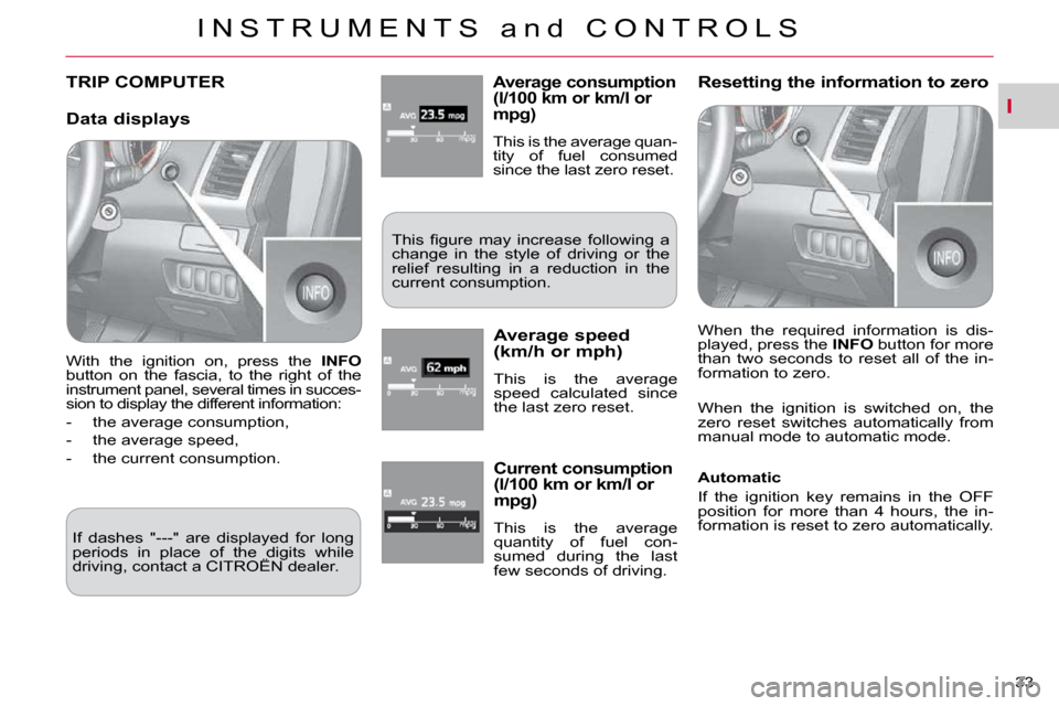 Citroen C CROSSER 2009.5 1.G Owners Guide I
I N S T R U M E N T S   a n d   C O N T R O L S
33 
TRIP COMPUTER � � �A�v�e�r�a�g�e� �c�o�n�s�u�m�p�t�i�o�n� (l/100 km or km/l or �m�p�g�)� 
� �T�h�i�s� �i�s� �t�h�e� �a�v�e�r�a�g�e� �q�u�a�n�- 
ti