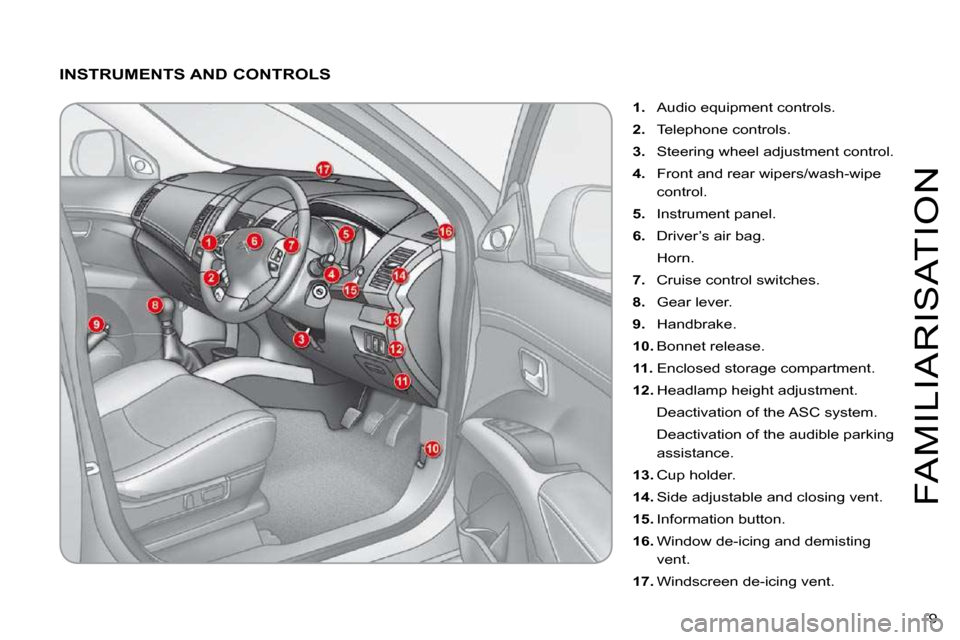 Citroen C CROSSER 2009.5 1.G Owners Manual 9 
FAMILIARISATION
  INSTRUMENTS AND CONTROLS 
1.   Audio equipment controls. 
2.   Telephone controls. 
3.   Steering wheel adjustment control. 
4.   Front and rear wipers/wash-wipe 
control. 
5.   I