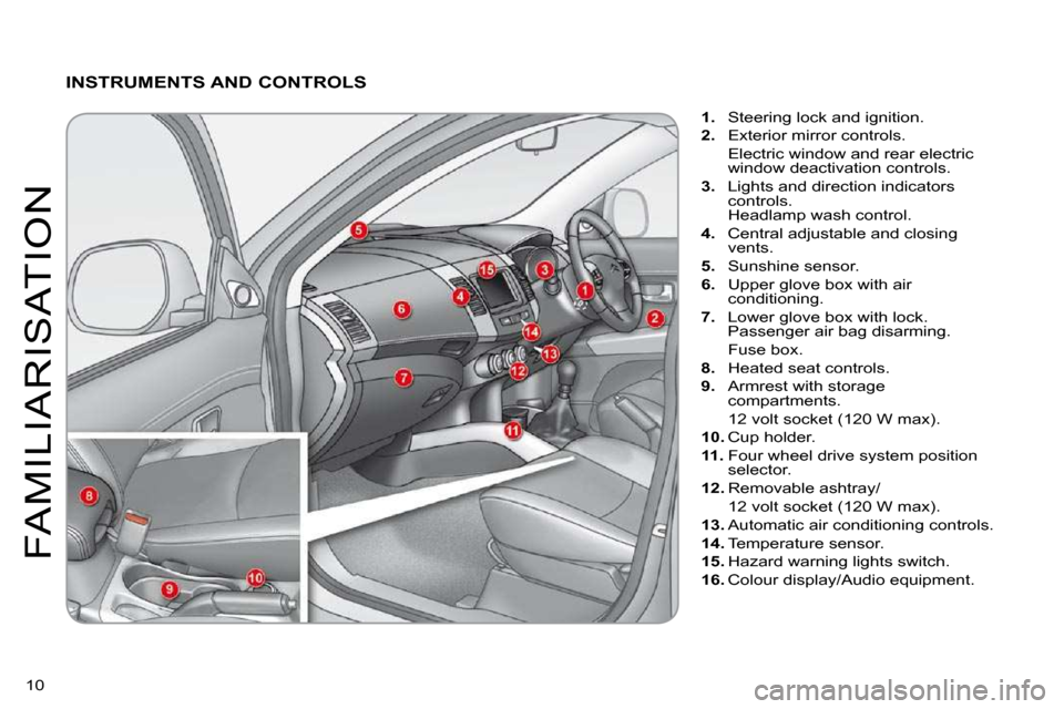Citroen C CROSSER 2009.5 1.G Owners Manual 10 
FAMILIARISATION
  INSTRUMENTS AND CONTROLS 
1.   Steering lock and ignition. 
2.   Exterior mirror controls.  
  Electric window and rear electric window deactivation controls. 
3.   Lights and di