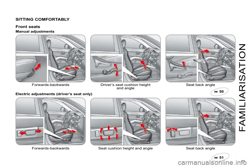 Citroen C CROSSER 2009.5 1.G Owners Manual 11 
FAMILIARISATION
  SITTING COMFORTABLY  
�  51    
  Front seats 
 Forwards-backwards  Driver’s seat cushion heightand angle  Seat back angle 
  Manual adjustments  
  Electric adjustments (dr