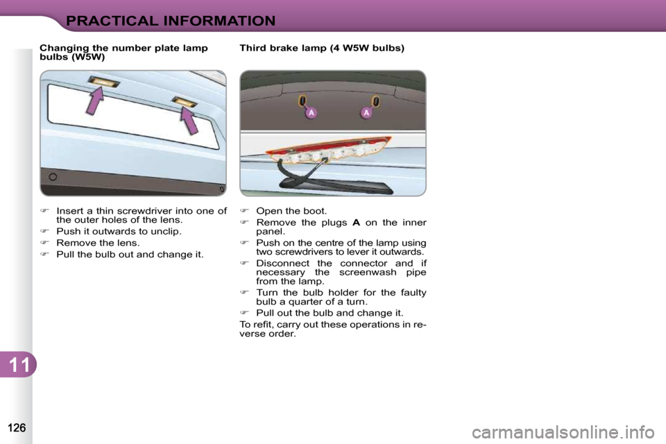 Citroen C3 DAG 2009.5 1.G Owners Manual 11
PRACTICAL INFORMATION
  Changing the number plate lamp  
bulbs (W5W)  
   
�    Insert a thin screwdriver  into one  of 
the outer holes of the lens. 
  
�    Push it outwards to unclip. 
  
