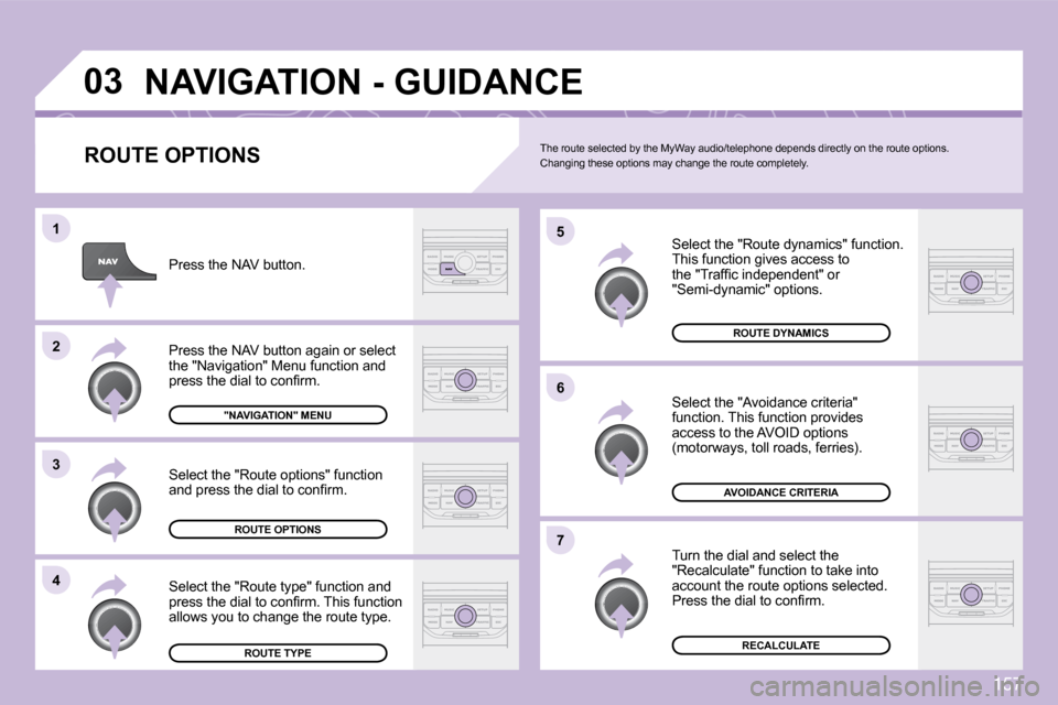 Citroen C3 DAG 2009.5 1.G Owners Manual 157
03
4
3
2
1
7
6
5
 NAVIGATION - GUIDANCE 
  ROUTE OPTIONS 
 Select the "Route dynamics" function. � �T�h�i�s� �f�u�n�c�t�i�o�n� �g�i�v�e�s� �a�c�c�e�s�s� �t�o� �t�h�e� �"�T�r�a�f�ﬁ� �c� �i�n�d�e�