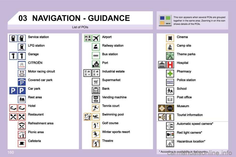 Citroen C3 DAG 2009.5 1.G Owners Manual �1�6�0
03 NAVIGATION - GUIDANCE 
  List of POIs 
� � �*� � � �A�c�c�o�r�d�i�n�g� �t�o� �a�v�a�i�l�a�b�i�l�i�t�y� �i�n� �t�h�e� �c�o�u�n�t�r�y�.� � 
� �T�h�i�s� �i�c�o�n� �a�p�p�e�a�r�s� �w�h�e�n� �s�e