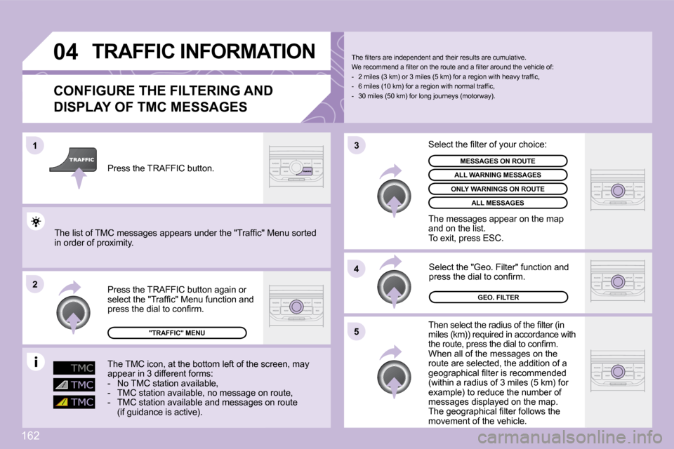 Citroen C3 DAG 2009.5 1.G Owners Manual 162
04
2
1
3
4
5
TRAFFIC INFORMATION 
  CONFIGURE THE FILTERING AND 
DISPLAY OF TMC MESSAGES 
� �T�h�e�n� �s�e�l�e�c�t� �t�h�e� �r�a�d�i�u�s� �o�f� �t�h�e� �ﬁ� �l�t�e�r� �(�i�n� �m�i�l�e�s� �(�k�m�)
