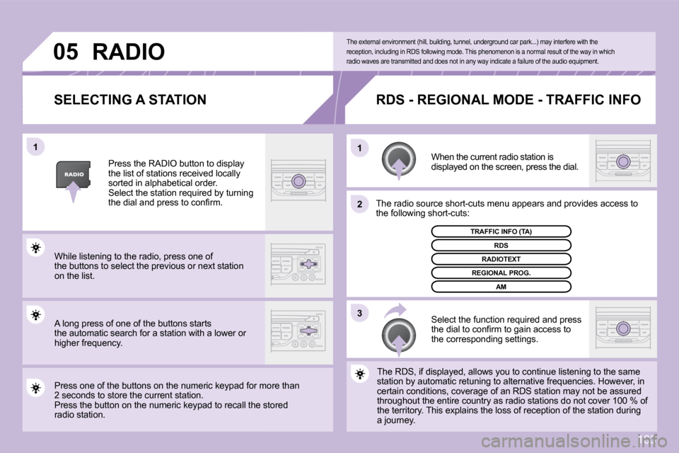 Citroen C3 DAG 2009.5 1.G Owners Manual 163
05
3
2
1
1
  SELECTING A STATION 
 When the current radio station is displayed on the screen, press the dial. 
 The radio source short-cuts menu appears and provi
desovides access to �t�h�e� �f�o�