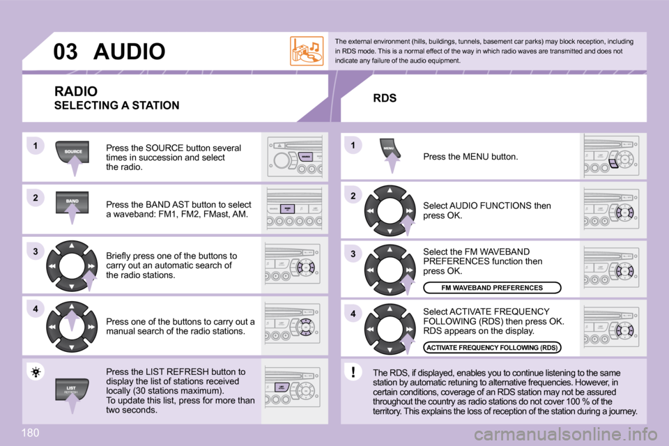 Citroen C3 DAG 2009.5 1.G User Guide �1�8�0
22
33
44
11
22
44
33
11
03AUDIO 
� �P�r�e�s�s� �t�h�e� �S�O�U�R�C�E� �b�u�t�t�o�n� �s�e�v�e�r�a�l� times in succession and selectthe radio. 
� �P�r�e�s�s� �t�h�e� �B�A�N�D� �A�S�T� �b�u�t�t�o�n