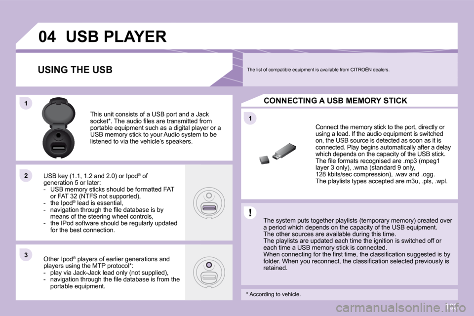 Citroen C3 DAG 2009.5 1.G Owners Manual 183
11
04
11
22
33
USB PLAYER 
� � �T�h�e� �s�y�s�t�e�m� �p�u�t�s� �t�o�g�e�t�h�e�r� �p�l�a�y�l�i�s�t�s� �(�t�e�m�p�o�r�a�r�y� �m�e�m�o�r�y�)� �c�r�e�a�t�e�d� �o�v�e�r� �a� �p�e�r�i�o�d� �w�h�i�c�h� �