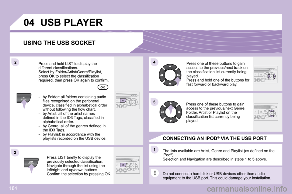 Citroen C3 DAG 2009.5 1.G Owners Manual 184
33
04
44
11
55
22
 USB PLAYER 
  USING THE USB SOCKET 
� � �P�r�e�s�s� �L�I�S�T� �b�r�i�e�ﬂ� �y� �t�o� �d�i�s�p�l�a�y� �t�h�e� �p�r�e�v�i�o�u�s�l�y� �s�e�l�e�c�t�e�d� �c�l�a�s�s�i�ﬁ� �c�a�t�i�