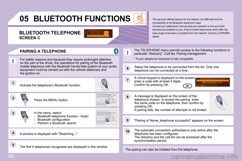 Citroen C3 DAG 2009.5 1.G Owners Manual 186
11
66
22
77
44
�9�9
55
1010
33
88
05
Saisir code authentification01OKDel23456789_
BLUETOOTH FUNCTIONS 
� �F�o�r� �s�a�f�e�t�y� �r�e�a�s�o�n�s� �a�n�d� �b�e�c�a�u�s�e� �t�h�e�y� �r�e�q�u�i�r�e� �p�