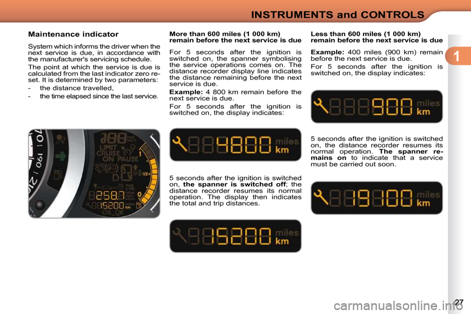 Citroen C3 DAG 2009.5 1.G Owners Manual 1
INSTRUMENTS and CONTROLS
          Maintenance indicator  
 System which informs the driver when the  
next  service  is  due,  in  accordance  with 
the manufacturers servicing schedule.  
 The  p