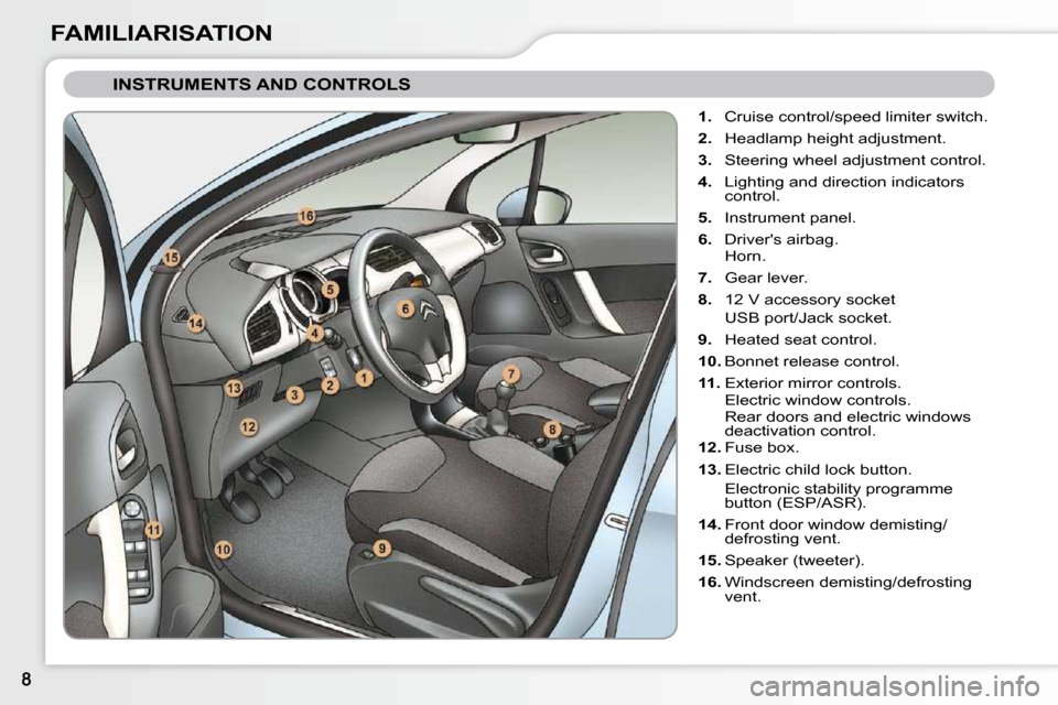 Citroen C3 DAG 2009.5 1.G Owners Manual FAMILIARISATION
 INSTRUMENTS AND CONTROLS 
   
1.    Cruise control/speed limiter switch. 
  
2.    Headlamp height adjustment. 
  
3.    Steering wheel adjustment control. 
  
4.    Lighting and dire