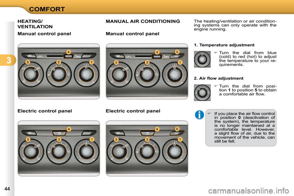 Citroen C3 DAG 2009.5 1.G Owners Manual 3
COMFORT
 HEATING/
VENTILATION 
 MANUAL AIR CONDITIONING                  The heating/ventilation or air condition-
ing  systems  can  only  operate  with  the  
engine running.   
  1. Temperature a