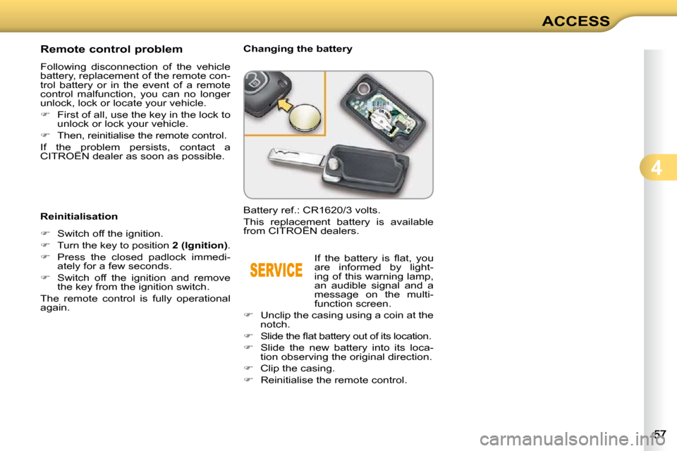 Citroen C3 DAG 2009.5 1.G Workshop Manual 4
ACCESS
                Remote control problem  
 Following  disconnection  of  the  vehicle  
battery, replacement of the remote con-
trol  battery  or  in  the  event  of  a  remote 
control  malfu