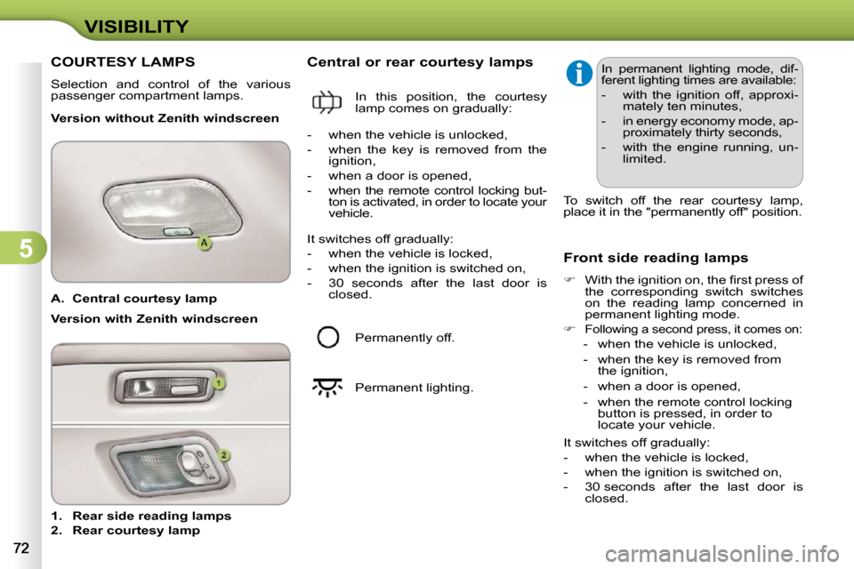 Citroen C3 DAG 2009.5 1.G Manual PDF 5
VISIBILITY
   
A.     Central courtesy lamp     
   
1.     Rear side reading lamps   
  
2.     Rear courtesy lamp        Central or rear courtesy lamps 
  Version without Zenith windscreen 
  Fron