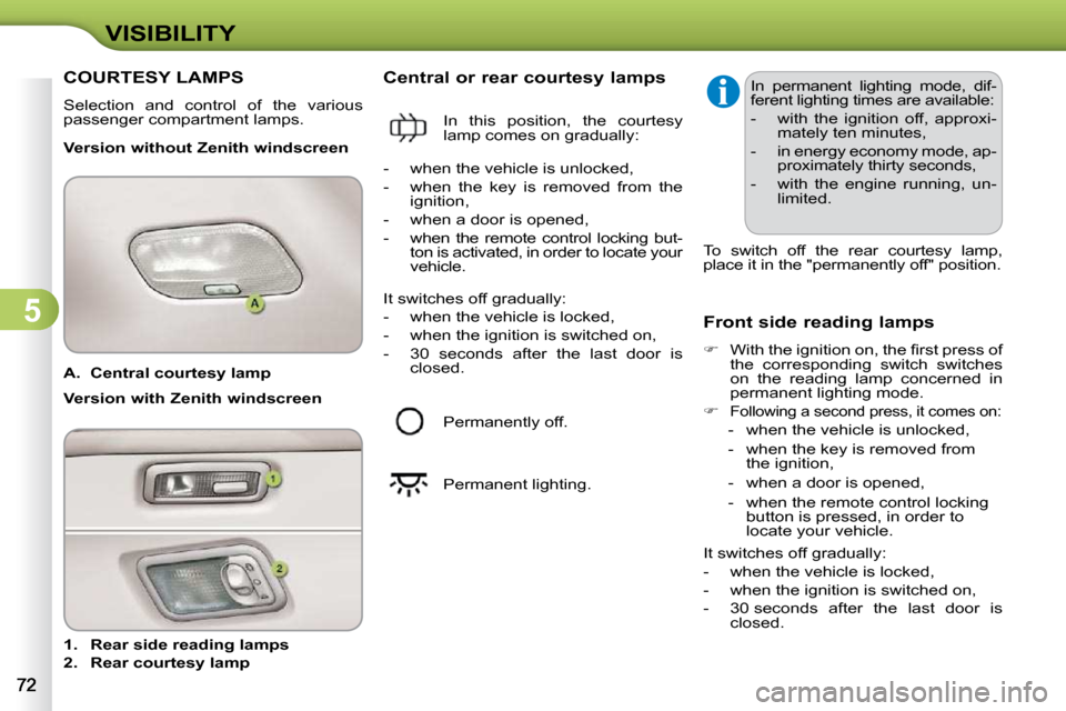 Citroen C3 DAG 2009.5 1.G Owners Manual 5
VISIBILITY
   
A.     Central courtesy lamp     
   
1.     Rear side reading lamps   
  
2.     Rear courtesy lamp        Central or rear courtesy lamps 
  Version without Zenith windscreen 
  Fron