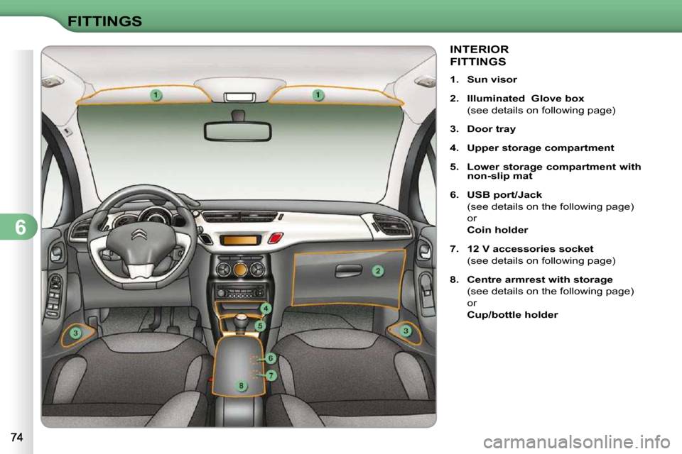 Citroen C3 DAG 2009.5 1.G Manual Online 6
FITTINGS
INTERIOR
FITTINGS
1. Sun visor
2. Illuminated Glove box
(see details on following page)
3. Door tray
4. Upper storage compartment
5. Citroen C3 DAG 2009.5 1.G Manual Online 6
FITTINGS
INTERIOR
FITTINGS
1. Sun visor
2. Illuminated Glove box
(see details on following page)
3. Door tray
4. Upper storage compartment
5.
