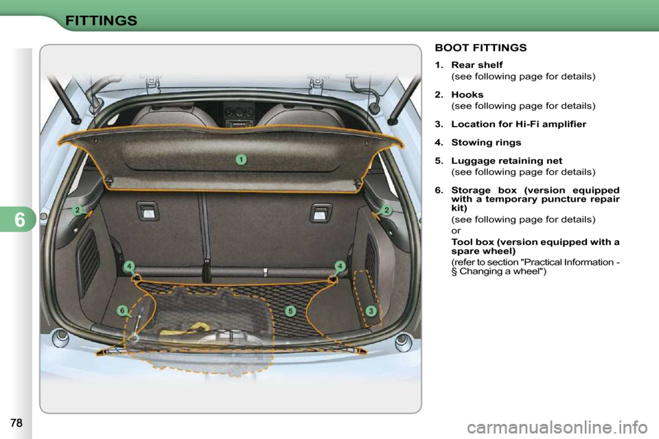 Citroen C3 DAG 2009.5 1.G Owners Manual 6
FITTINGS
BOOT FITTINGS 
   
1.     Rear shelf     
  (see following page for details)  
  
2.     Hooks     
  (see following page for details) 
  
3.     �L�o�c�a�t�i�o�n� �f�o�r� �H�i�-�F�i� �a�m�