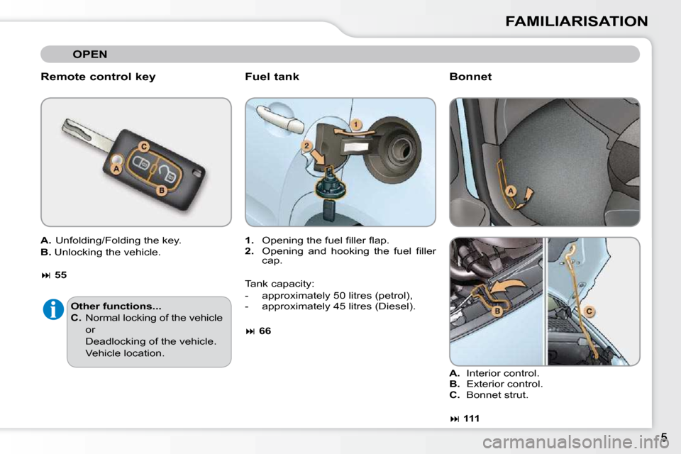 Citroen C3 2009.5 1.G Owners Manual FAMILIARISATION
  Remote control key    Fuel tank 
   
1. � �  �O�p�e�n�i�n�g� �t�h�e� �f�u�e�l� �ﬁ� �l�l�e�r� �ﬂ� �a�p�.� 
  
2. � �  �O�p�e�n�i�n�g�  �a�n�d�  �h�o�o�k�i�n�g�  �t�h�e�  �f�u�e�l�