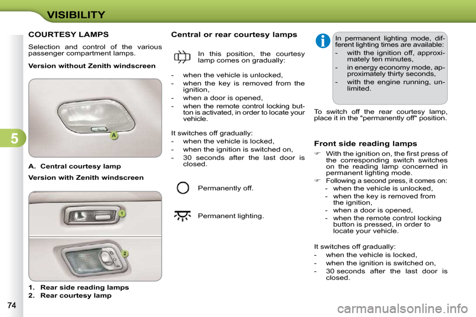 Citroen C3 2009.5 1.G Owners Guide 5
VISIBILITY
   
A.     Central courtesy lamp     
   
1.     Rear side reading lamps   
  
2.     Rear courtesy lamp        Central or rear courtesy lamps 
  Version without Zenith windscreen 
  Fron