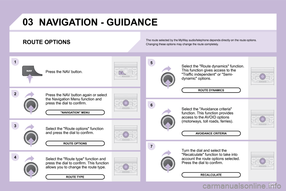 Citroen C3 PICASSO DAG 2009.5 1.G Owners Manual 157
�0�3
�4
�3
�2
�1
�7
�6
�5
� �N�A�V�I�G�A�T�I�O�N� �-� �G�U�I�D�A�N�C�E� 
� � �R�O�U�T�E� �O�P�T�I�O�N�S� 
  Select the "Route dynamics" function. � �T�h�i�s� �f�u�n�c�t�i�o�n� �g�i�v�e�s� �a�c�c�e