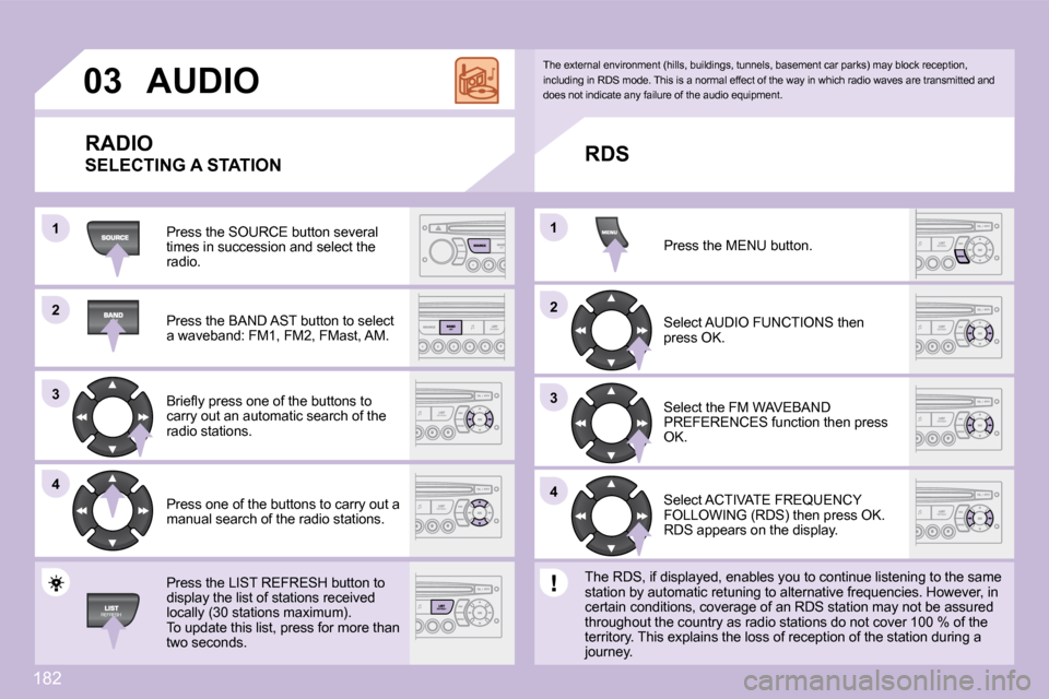 Citroen C3 PICASSO DAG 2009.5 1.G Owners Manual 182
�2�2
�3�3
�4�4
�1�1
�2�2
�4�4
�3�3
�1�1
�0�3 AUDIO 
 Press the SOURCE button several times in succession and select the radio.  
� � �P�r�e�s�s� �t�h�e� �B�A�N�D� �A�S�T� �b�u�t�t�o�n� �t�o� �s�e�