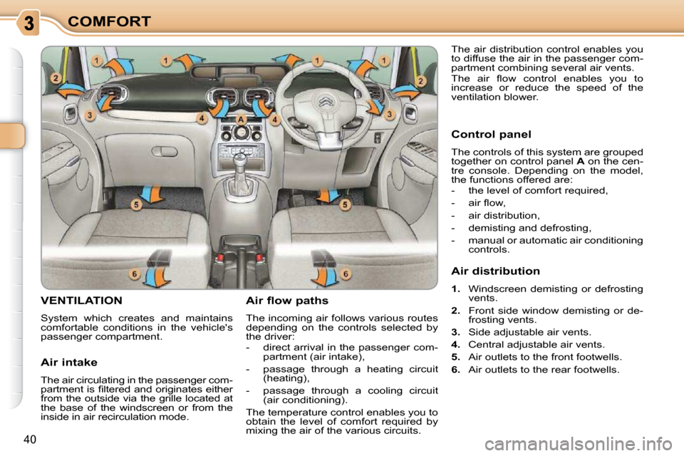 Citroen C3 PICASSO 2009.5 1.G Owners Manual 40
COMFORT
VENTILATION
System which creates and maintains
comfortable conditions in the vehicles
passenger compartment. Air flow paths
The incoming air follows various routes
depe Citroen C3 PICASSO 2009.5 1.G Owners Manual 40
COMFORT
VENTILATION
System which creates and maintains
comfortable conditions in the vehicles
passenger compartment. Air flow paths
The incoming air follows various routes
depe