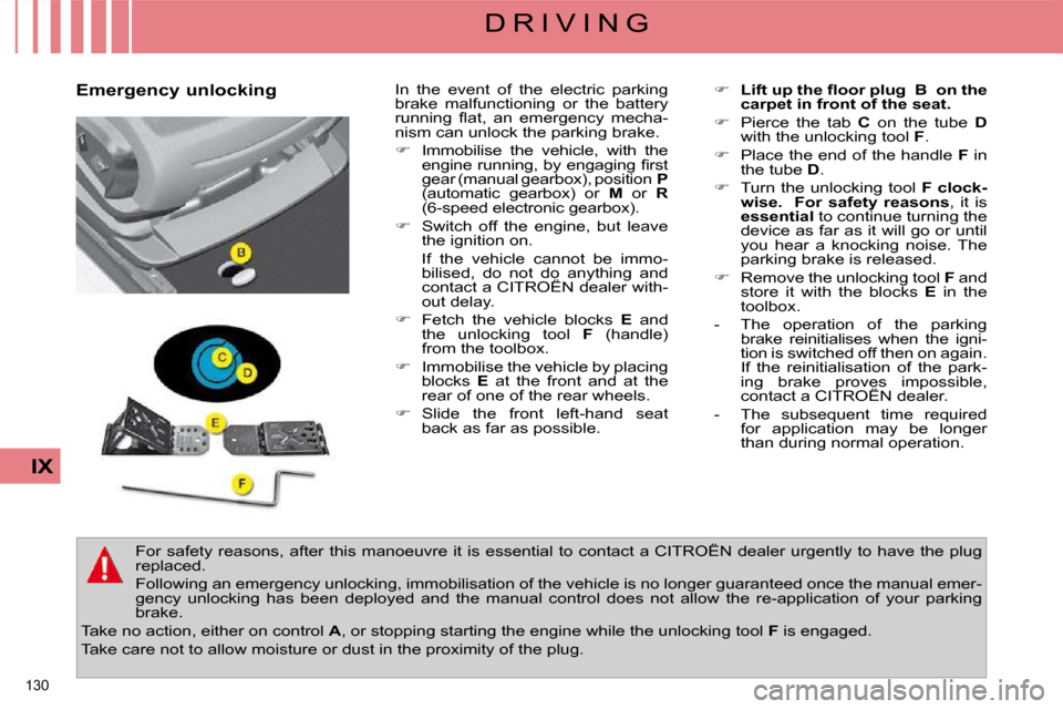 Citroen C4 PICASSO DAG 2009.5 1.G Service Manual 130 
IX
D R I V I N G
  Emergency unlocking    In  the  event  of  the  electric  parking  
brake  malfunctioning  or  the  battery 
�r�u�n�n�i�n�g�  �ﬂ� �a�t�,�  �a�n�  �e�m�e�r�g�e�n�c�y�  �m�e�c�