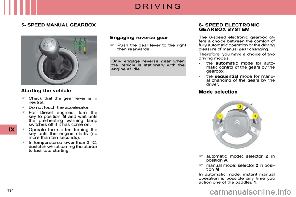 Citroen C4 PICASSO DAG 2009.5 1.G User Guide 134 
IX
D R I V I N G
       5- SPEED MANUAL GEARBOX 
  Starting the vehicle  
   
�    Check  that  the  gear  lever  is  in 
neutral. 
  
�    Do not touch the accelerator. 
  
�    For  Di