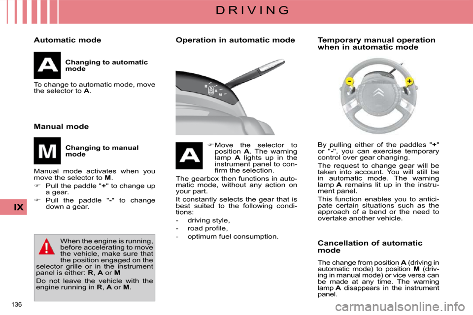 Citroen C4 PICASSO DAG 2009.5 1.G Service Manual 136 
IX
D R I V I N G
  Automatic mode    
Changing to automatic  
mode   
 To change to automatic mode, move 
the selector to   A .  
  Manual mode    
Changing to manual 
mode   
 Manual  mode  acti