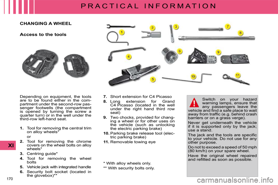 Citroen C4 PICASSO DAG 2009.5 1.G Owners Manual �1�7�0� 
XI
P R A C T I C A L   I N F O R M A T I O N
               CHANGING A WHEEL 
  Access to the tools  
� �D�e�p�e�n�d�i�n�g�  �o�n�  �e�q�u�i�p�m�e�n�t�,�  �t�h�e�  �t�o�o�l�s�  
�a�r�e�  �t�o