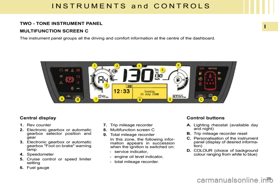 Citroen C4 PICASSO DAG 2009.5 1.G Owners Manual 25 
I
I N S T R U M E N T S   a n d   C O N T R O L S
             TWO - TONE INSTRUMENT PANEL 
 MULTIFUNCTION SCREEN C 
 The instrument panel groups all the driving and comfort information at the cen