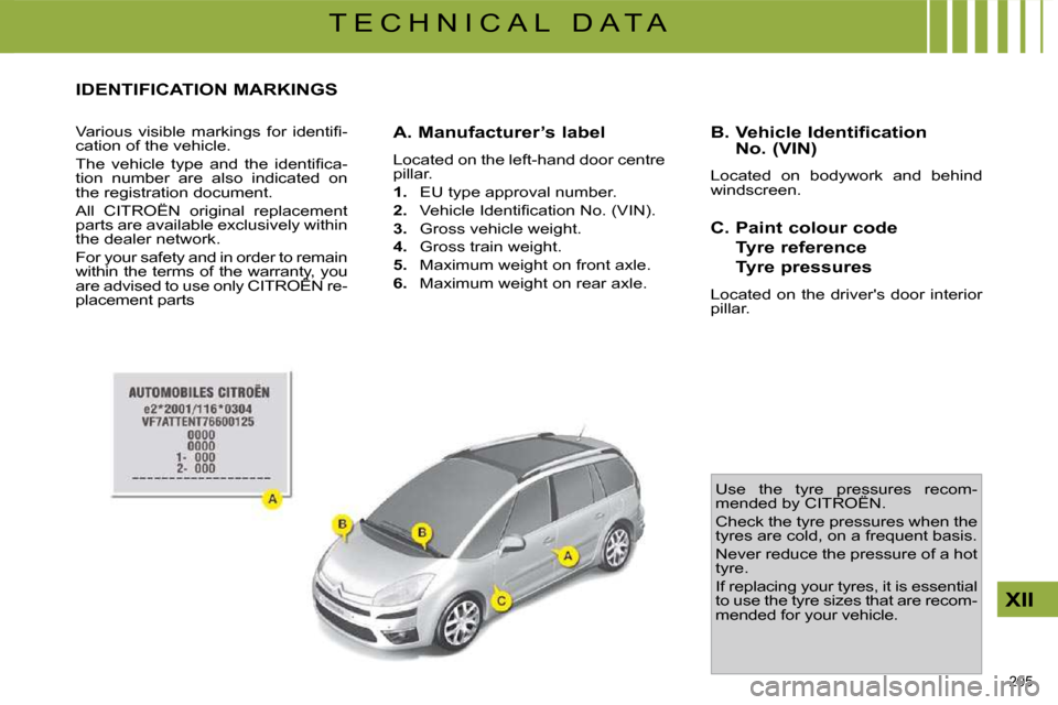 Citroen C4 PICASSO DAG 2009.5 1.G Owners Manual 205 
XII
T E C H N I C A L   D A T A
                 IDENTIFICATION MARKINGS 
� �V�a�r�i�o�u�s�  �v�i�s�i�b�l�e�  �m�a�r�k�i�n�g�s�  �f�o�r�  �i�d�e�n�t�i�ﬁ� �- 
cation of the vehicle.  
� �T�h�e� 