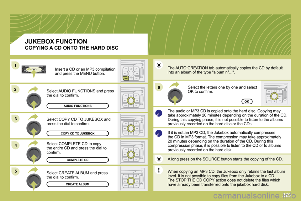 Citroen C4 PICASSO DAG 2009.5 1.G Owners Manual 225
�2�2
�3�3
11
�5�5
�6�6
�4�4
COPY CD TO JUKEBOX
COMPLETE CD
CREATE ALBUM
OKAUDIO FUNCTIONS
� �S�e�l�e�c�t� �C�O�P�Y� �C�D� �T�O� �J�U�K�E�B�O�X� �a�n�d� �p�r�e�s�s� �t�h�e� �d�i�a�l� �t�o� �c�o�n�