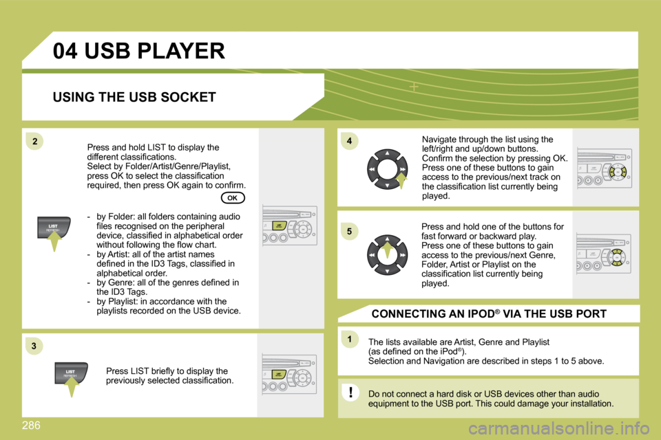 Citroen C4 PICASSO DAG 2009.5 1.G Owners Guide 286
33
04
44
11
55
22
 USB PLAYER
  USING THE USB SOCKET 
� � �P�r�e�s�s� �L�I�S�T� �b�r�i�e�ﬂ� �y� �t�o� �d�i�s�p�l�a�y� �t�h�e� �p�r�e�v�i�o�u�s�l�y� �s�e�l�e�c�t�e�d� �c�l�a�s�s�i�ﬁ� �c�a�t�i�o