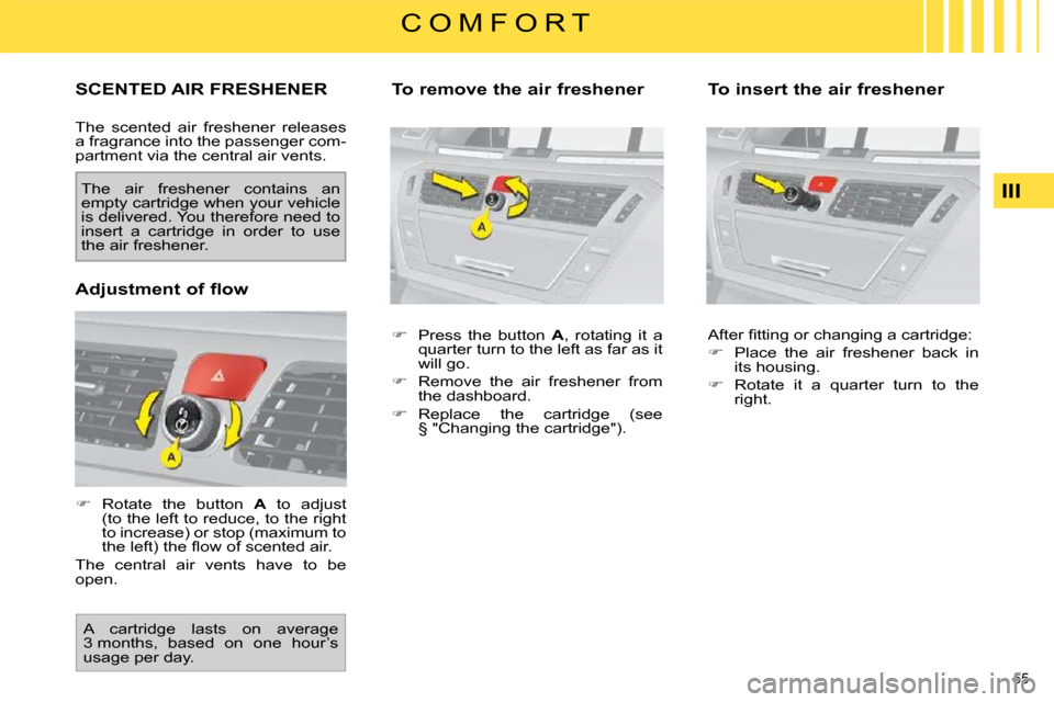 Citroen C4 PICASSO DAG 2009.5 1.G Workshop Manual 55 
III
C O M F O R T
       SCENTED AIR FRESHENER 
 The  scented  air  freshener  releases  
a fragrance into the passenger com-
partment via the central air vents.  
   
�    Rotate  the  button 