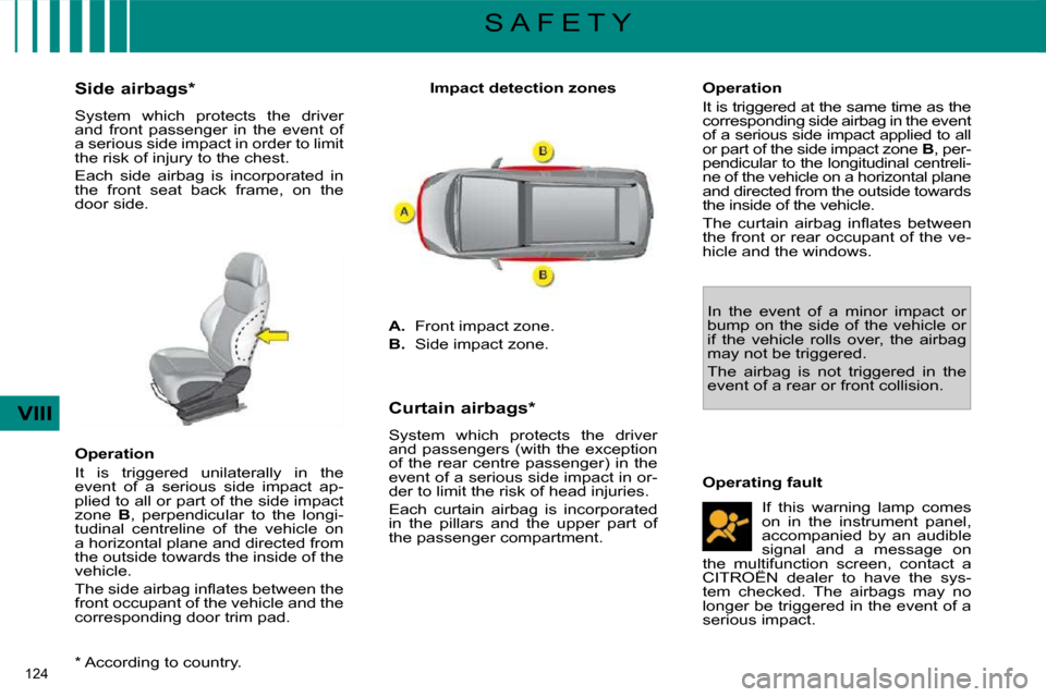 Citroen C4 PICASSO 2009.5 1.G Owners Guide 124
VIII
S A F E T Y
* According to country.
Side airbags *
System which protects the driver
and front passenger in the event of
a serious side impact in order to limit Citroen C4 PICASSO 2009.5 1.G Owners Guide 124
VIII
S A F E T Y
* According to country.
Side airbags *
System which protects the driver
and front passenger in the event of
a serious side impact in order to limit