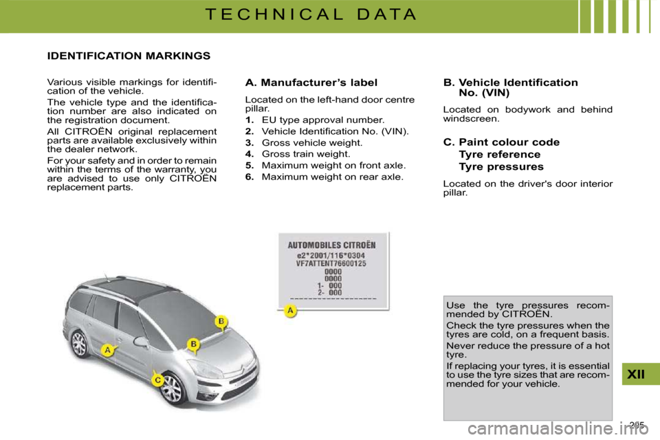 Citroen C4 PICASSO 2009.5 1.G Owners Manual 205 
XII
T E C H N I C A L   D A T A
                 IDENTIFICATION MARKINGS 
� �V�a�r�i�o�u�s�  �v�i�s�i�b�l�e�  �m�a�r�k�i�n�g�s�  �f�o�r�  �i�d�e�n�t�i�ﬁ� �- 
cation of the vehicle.  
� �T�h�e� 