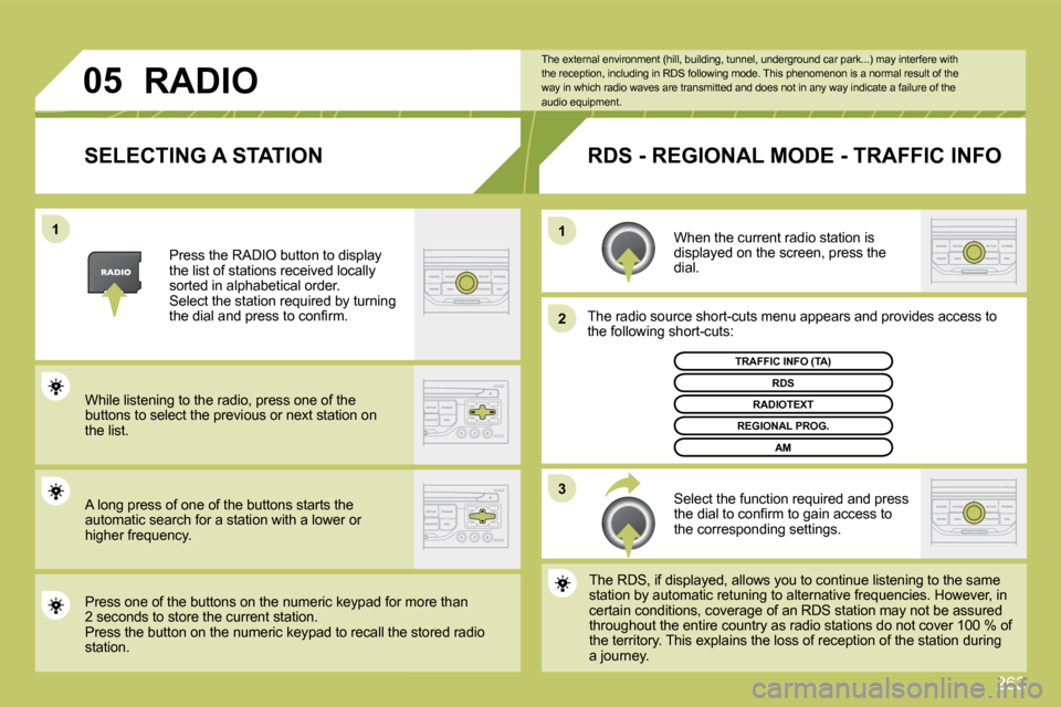 Citroen C4 PICASSO 2009.5 1.G Owners Guide 263
�1�1
�2
�3
�0�5
� � �S�E�L�E�C�T�I�N�G� �A� �S�T�A�T�I�O�N� 
 When the current radio station is displayed on the screen, press the dial. 
 The radio source short-cuts menu appears and providesovid