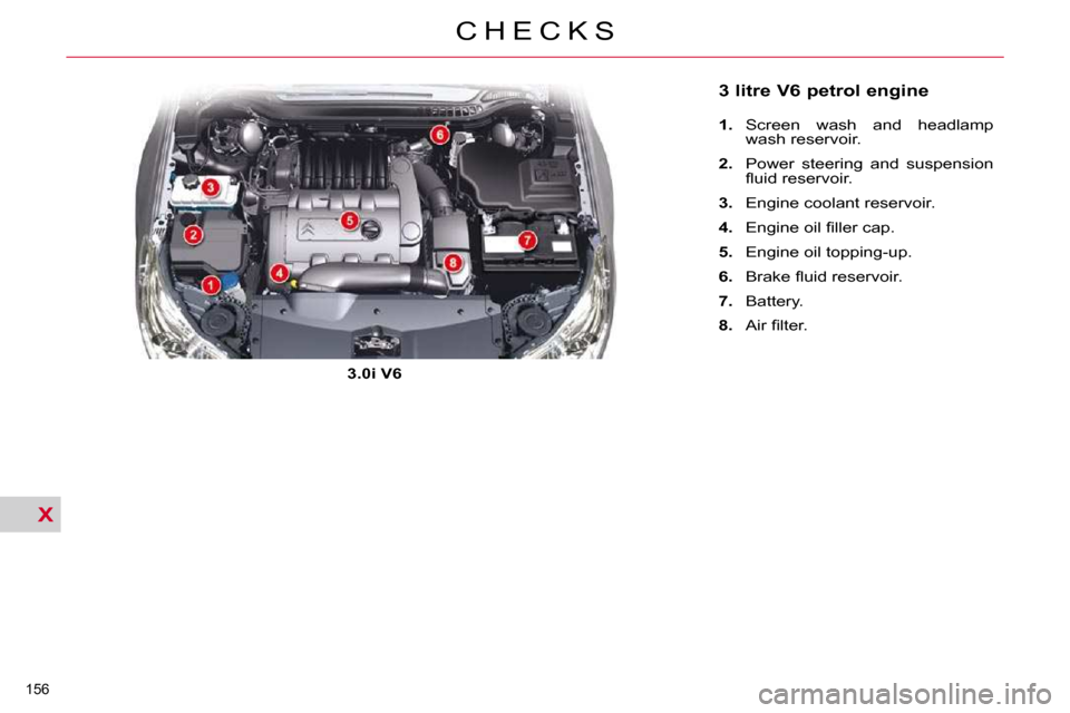 Citroen C5 DAG 2009.5 (RD/TD) / 2.G Owners Manual X
156 
C H E C K S
       3 litre V6 petrol engine   
   
1.    Screen  wash  and  headlamp 
wash reservoir. 
  
2.    Power  steering  and  suspension 
�ﬂ� �u�i�d� �r�e�s�e�r�v�o�i�r�.� 
  
3.    E