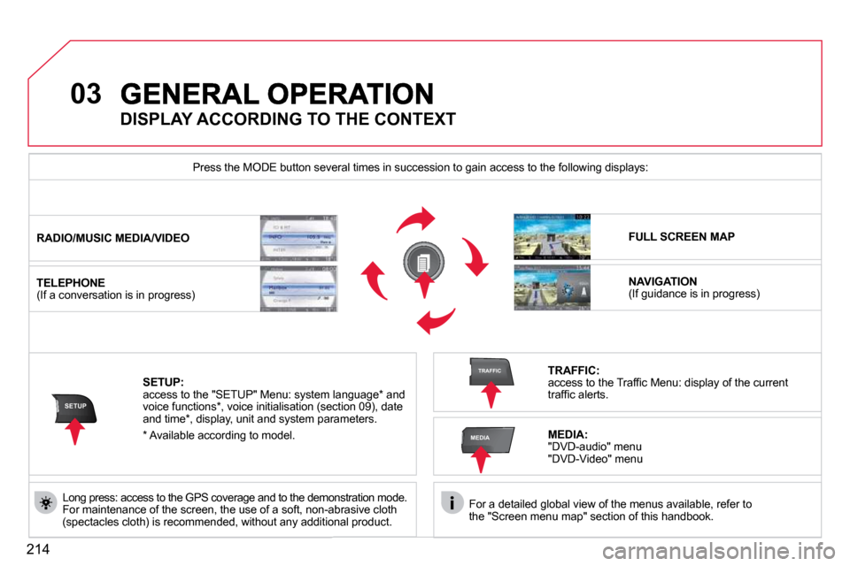 Citroen C5 DAG 2009.5 (RD/TD) / 2.G Owners Manual 214
�0�3
SETUP
MEDIA
TRAFFIC
  For a detailed global view of the menus available, refer to the "Screen menu map" section of this handbook.   
� �P�r�e�s�s� �t�h�e� �M�O�D�E� �b�u�t�t�o�n� �s�e�v�e�r�a