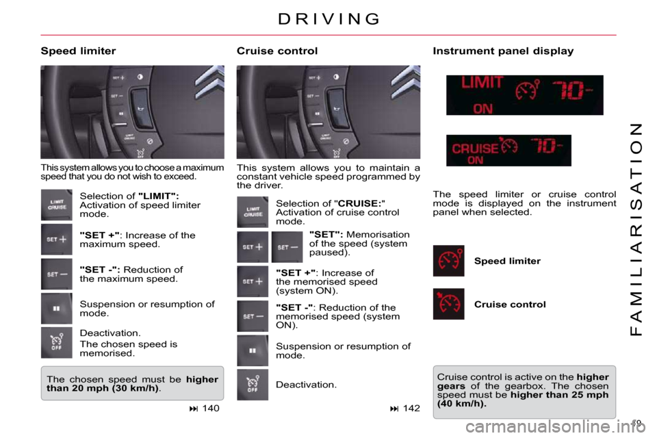 Citroen C5 2009.5 (RD/TD) / 2.G Owners Manual 19 
F A M I L I A R I S A T I O N
 This  system  allows  you  to  maintain  a  
constant vehicle speed programmed by 
the driver. 
  Cruise control 
  Speed limiter  This system allows you to choose a