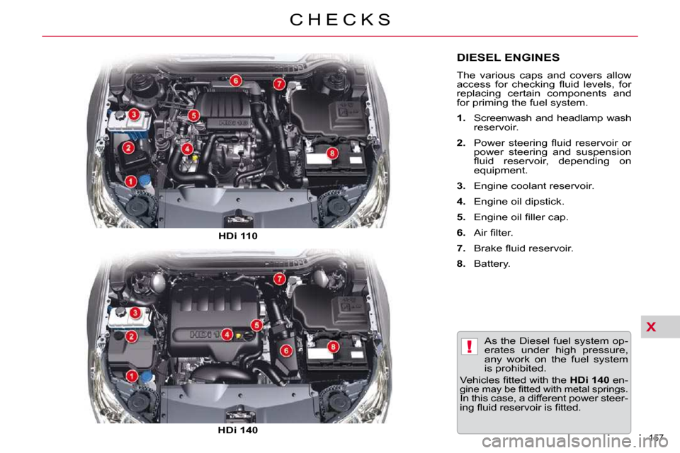 Citroen C5 2009.5 (RD/TD) / 2.G User Guide X
!
157 
C H E C K S
DIESEL ENGINES 
 The  various  caps  and  covers  allow  
�a�c�c�e�s�s�  �f�o�r�  �c�h�e�c�k�i�n�g�  �ﬂ� �u�i�d�  �l�e�v�e�l�s�,�  �f�o�r� 
replacing  certain  components  and 

