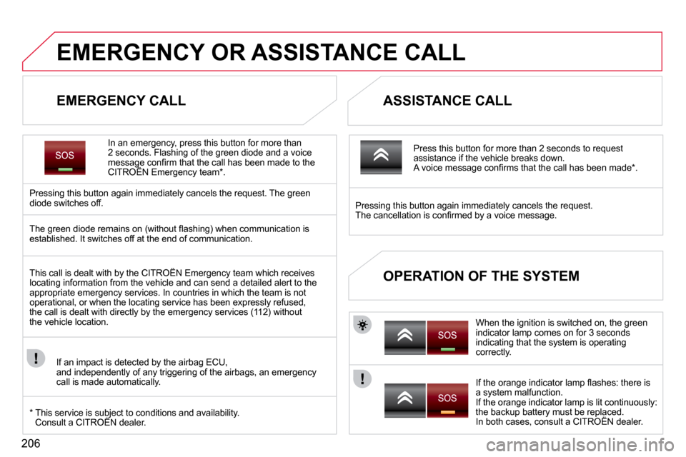 Citroen C5 2009.5 (RD/TD) / 2.G User Guide 206
EMERGENCY OR ASSISTANCE CALL 
  EMERGENCY CALL   ASSISTANCE CALL 
  OPERATION OF THE SYSTEM 
  In an emergency, press this button for more than 2 seconds. Flashing of the green diode and a voice �