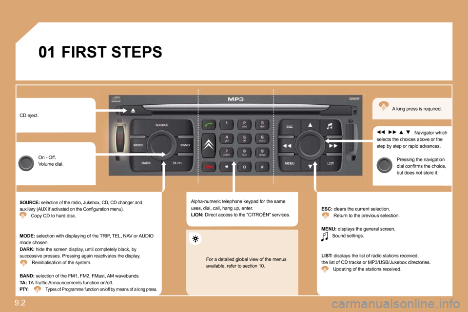 Citroen C8 DAG 2009.5 1.G Owners Guide 9.2 
 FIRST STEPS 
 CD eject. 
 On - Off.  Volume dial. 
�S�O�U�R�C�E:� � �s�e�l�e�c�t�i�o�n� �o�f� �t�h�e� �r�a�d�i�o�,� �J�u�k�e�b�o�x�,� �C�D�,� �C�D� �c�h�a�n�g�e�r� �a�n�d� �a�u�x�i�l�i�a�r�y� �(