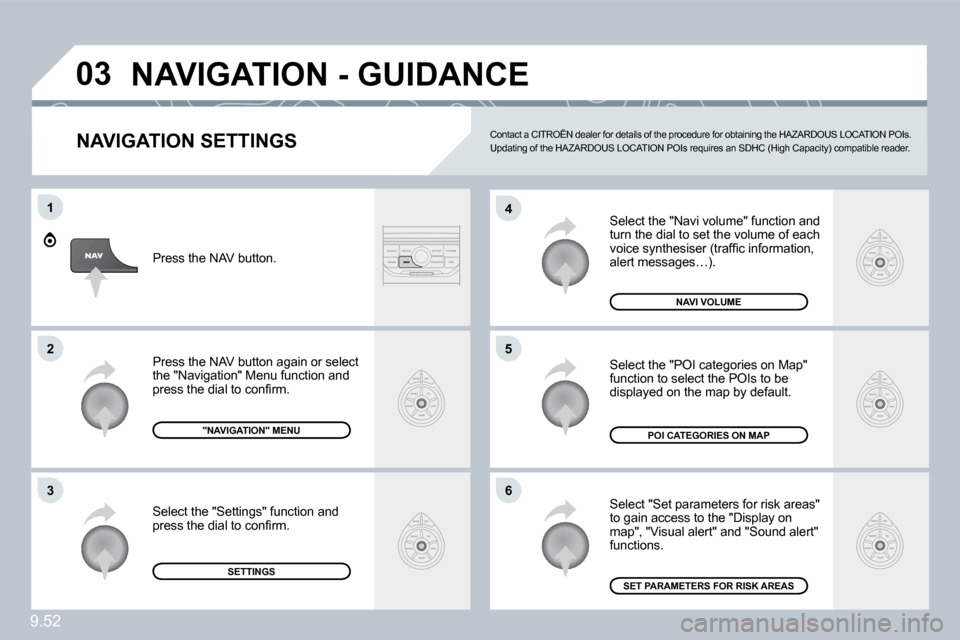 Citroen C8 DAG 2009.5 1.G Service Manual 9.52
03
�6
4
5
1
2
3
� � �N�A�V�I�G�A�T�I�O�N� �S�E�T�T�I�N�G�S� 
 Select the "Navi volume" function and turn the dial to set the volume of each �v�o�i�c�e� �s�y�n�t�h�e�s�i�s�e�r� �(�t�r�a�f�ﬁ� �c�