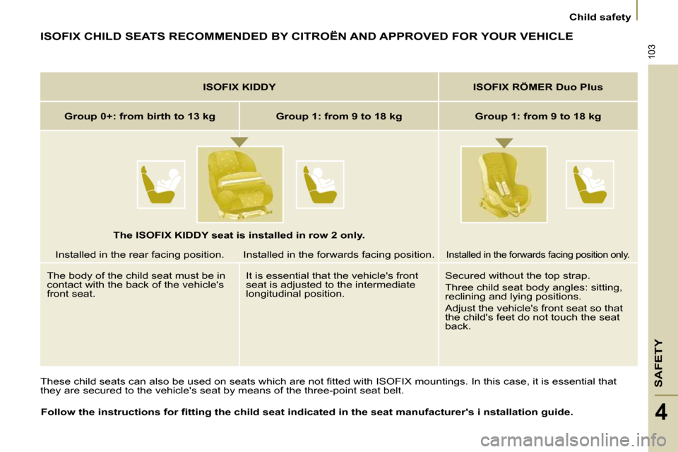 Citroen C8 2009.5 1.G Owners Manual SAFETY
103
 Child safety 
4
 ISOFIX CHILD SEATS RECOMMENDED BY CITROËN AND APPROVED FOR YOUR VEHICLE 
� �T�h�e�s�e� �c�h�i�l�d� �s�e�a�t�s� �c�a�n� �a�l�s�o� �b�e� �u�s�e�d� �o�n� �s�e�a�t�s� �w�h�i�