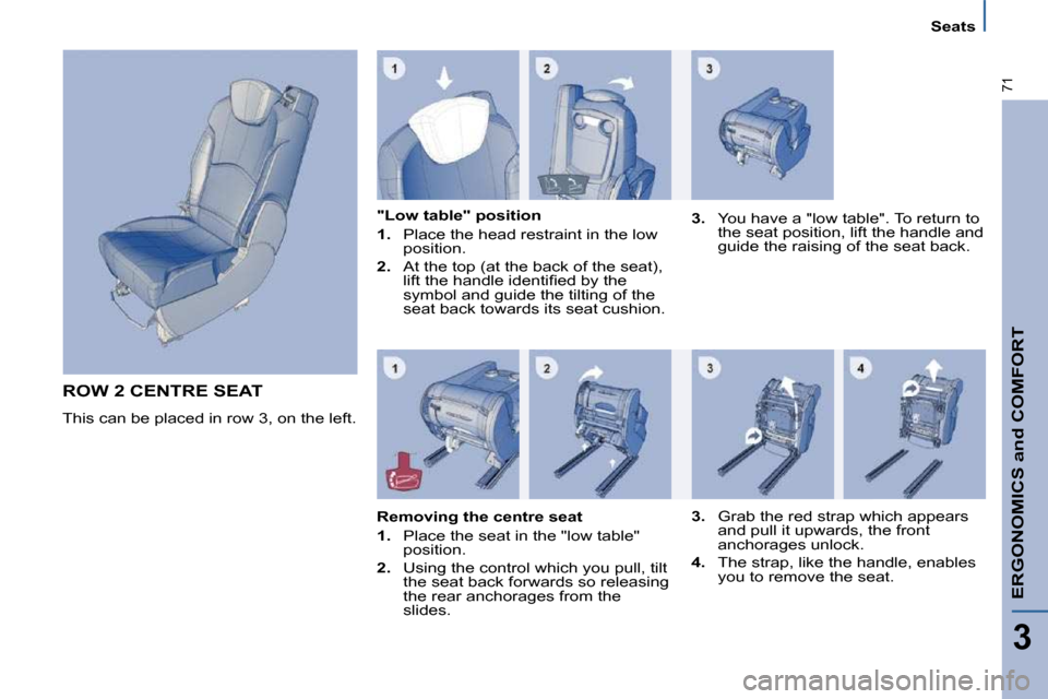 Citroen C8 2009.5 1.G Owners Manual ERGONOMICS and COMFORT
3
71
Seats
 ROW 2 CENTRE SEAT 
� �T�h�i�s� �c�a�n� �b�e� �p�l�a�c�e�d� �i�n� �r�o�w� �3�,� �o�n� �t�h�e� �l�e�f�t�.� �   "Low table" position  
   
1. � �  �P�l�a�c�e� �t�h�e� �