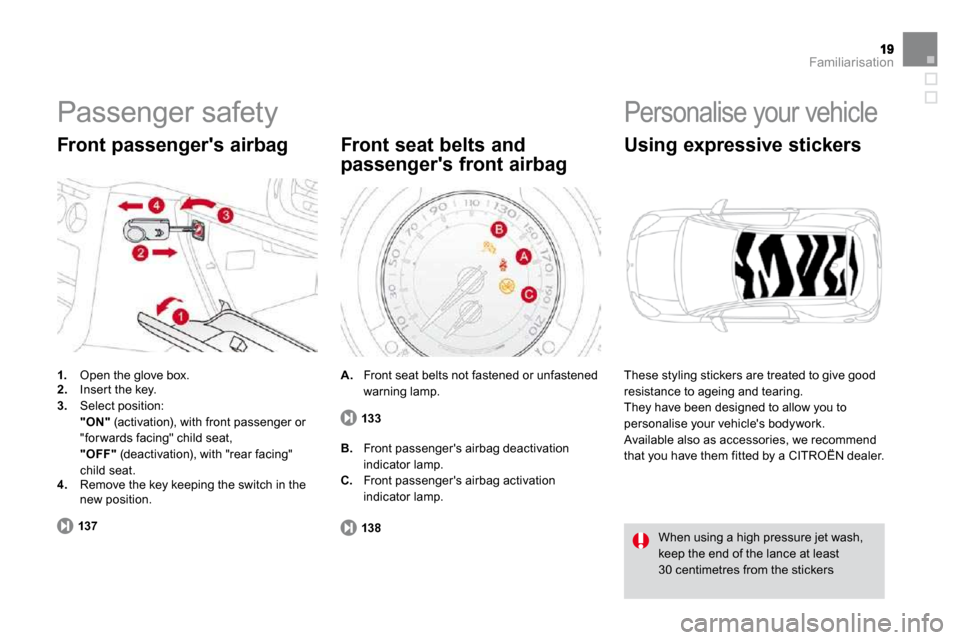 Citroen DS3 DAG 2009.5 1.G Owners Manual Familiarisation
 Passenger safety 
1.   Open the glove box. 2.   Inser t the key. 3.   Select position:     "ON"  (activation), with front passenger or "for wards facing" child seat,     "OFF"  (deact